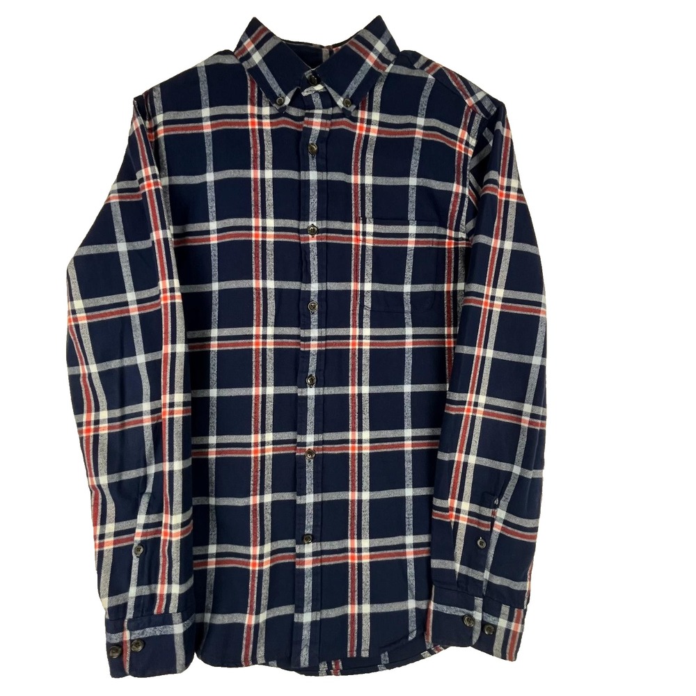 Lands' End Flannel Shirt Mens M (15-15.5) Navy Blue Orange Plaid Traditional Fit